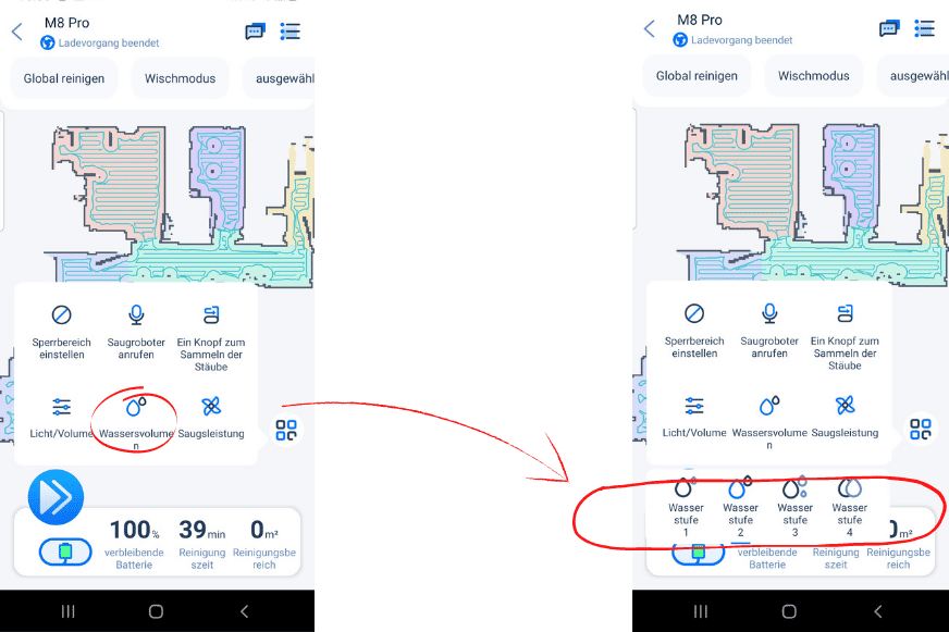 Die Wasserintensität wird in der Proscenic Robortic App festgelegt